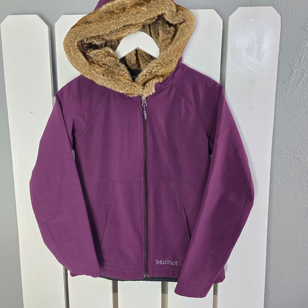 Marmot Furlong Zip Up Maroon Purple Faux Fur Hooded Fleece Jacket S‎ Outdoors